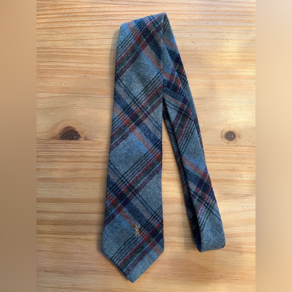 YSL Yves Saint Laurent Tie Heather Mist Wool Blend Tartan Plaid Blue Red VTG
